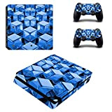 Morbuy PS4 Slim Skin Vinyl Autocollant Decal Sticker pour Playstation 4 Slim Console + 2 Dualshock Manette Set (Blue Cube)